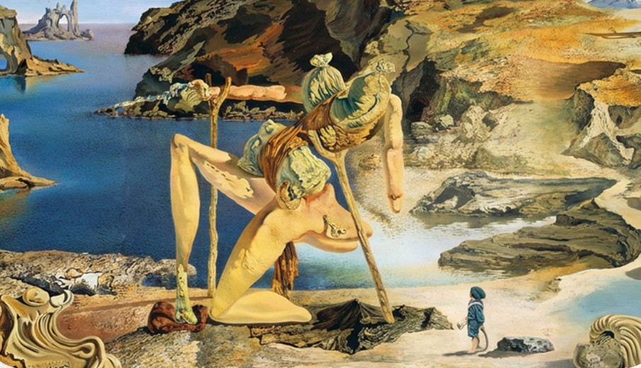 Salvador Dalí’nin bir tablosundan ayrıntı: kayalık bir kıyıda eğilmiş, uzun bacaklı bir figür ve uzakta küçük bir çocuk.
